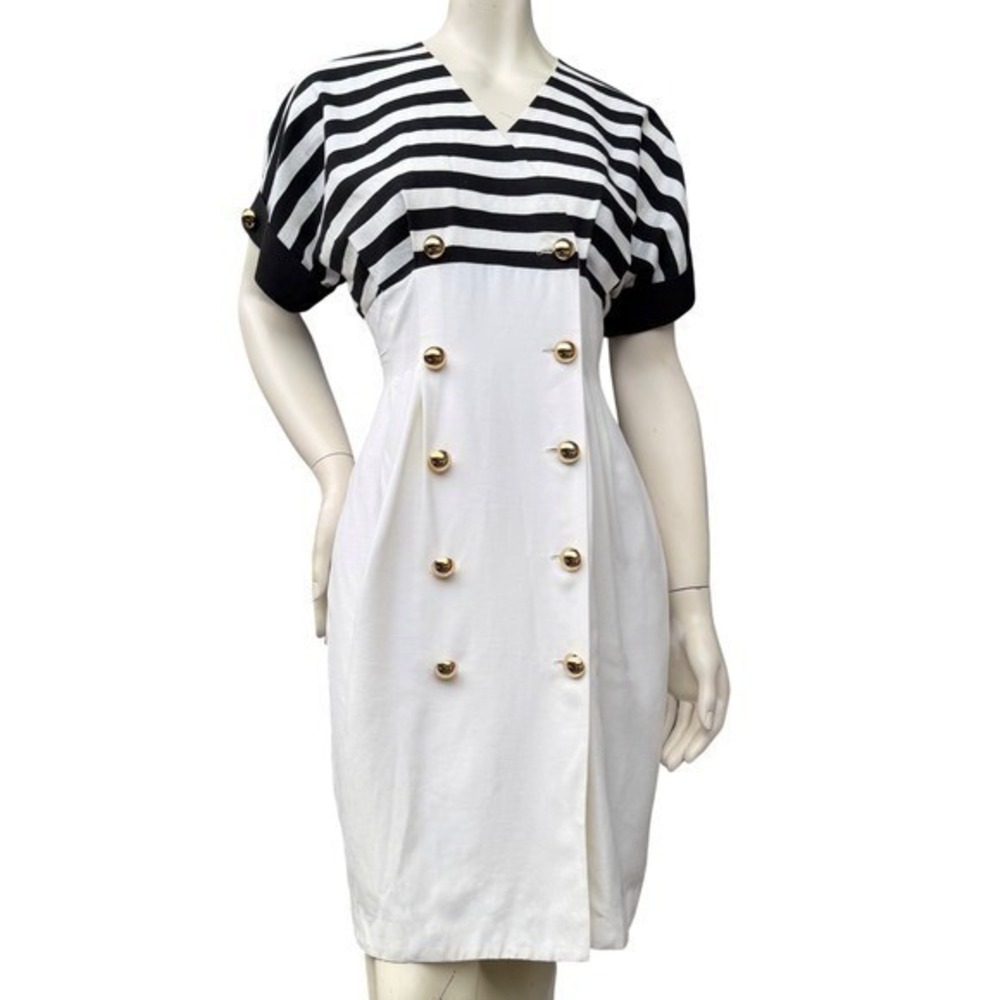Joseph Ribkoff Nautical Dress V-Neck Gold Button Striped Vintage 80s Sailor M